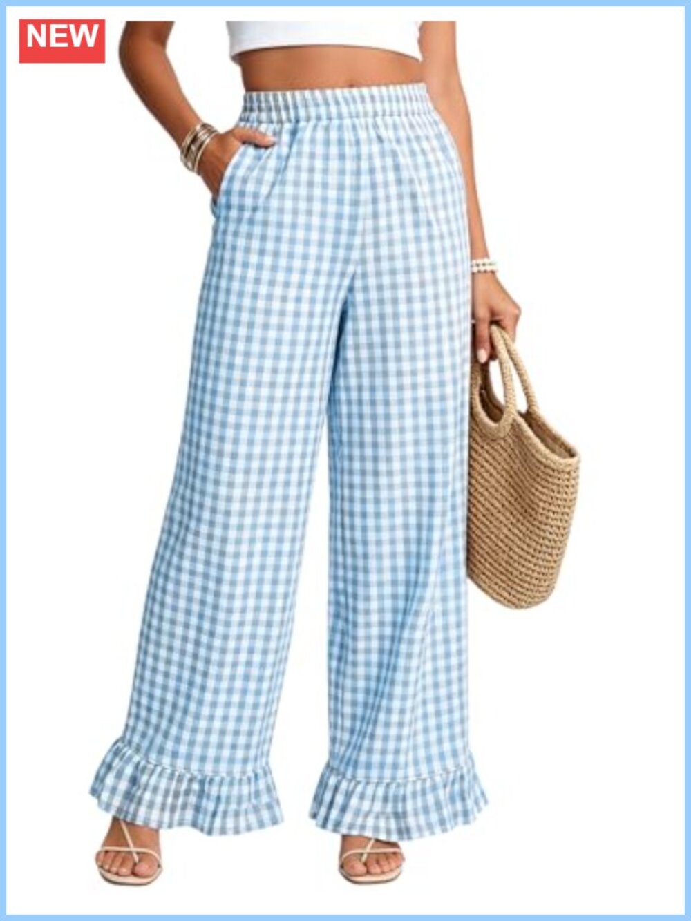 Women's Gingham Pants Cute Ruffle Wide Leg Y2K Trousers with Pockets